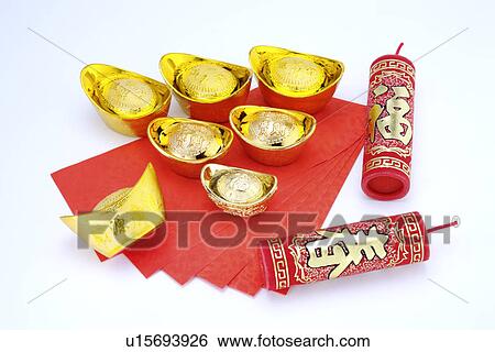Firecrackers, gold bowls and red envelopes View Large Photo Image Stock Photograph - Firecrackers, gold bowls and red envelopes. Fotosearch