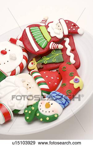 Stock Photo - Plate of Santa clauses, close up. Fotosearch