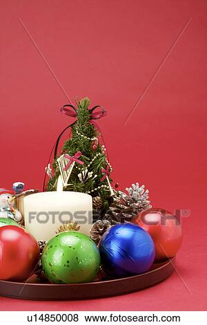 Tray with Christmas tree, baubles, lit candle, snowman and Christmas tree View Large Photo Image Stock Photo - Tray with Christmas tree, baubles, lit candle, snowman and Christmas tree. Fotosearch