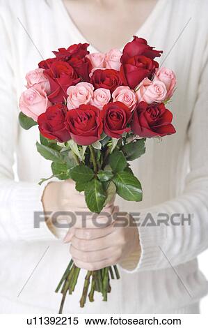 Stock Photography - Young woman holding bouquet of roses. Fotosearch