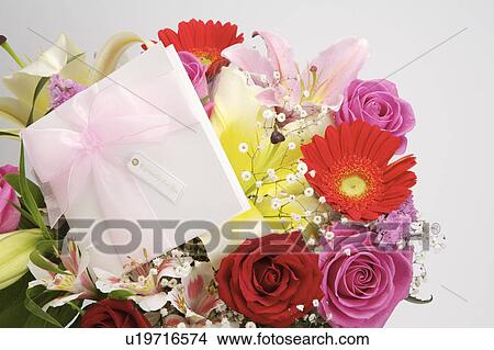 Close-up of a card with bowknot on a bouquet of flowers View Large Photo Image Picture - Close-up of a card with bowknot on a bouquet of flowers. Fotosearch
