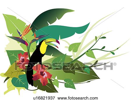 Stock Photo - Illustration and painting of a bird with red flowers and green leaves. Fotosearch