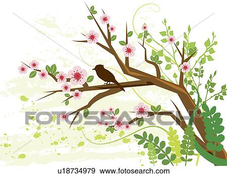 Stock Photo - Illustration and painting of a bird standing on a tree with flowers. Fotosearch