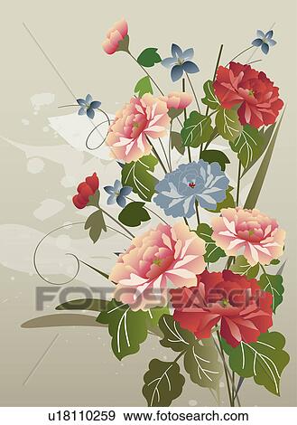 Stock Photo - Illustration and painting of a bunch of flowers dahliaes. Fotosearch