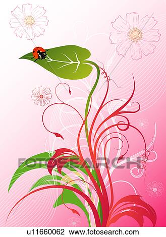 Illustration and painting of a ladybug on green leaf with floral pattern in background View Large Photo Image Stock Image - Illustration and painting of a ladybug on green leaf with floral pattern in background. Fotosearch