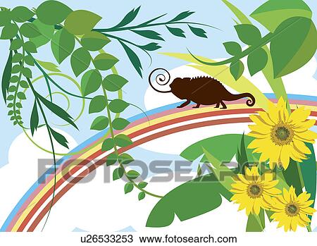 Stock Image - Illustration and painting of a lizard on the rainbow with sunflowers and green leaves. Fotosearch