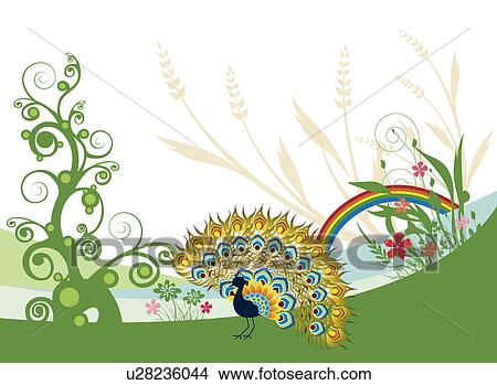 Illustration and painting of a beautiful peacock with flowers and grasses View Large Photo Image Picture - Illustration and painting of a beautiful peacock with flowers and grasses. Fotosearch