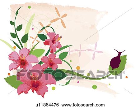 Stock Photograph - Illustration and painting of a snail on green leaf with beautiful flowers. Fotosearch