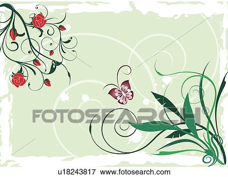 Stock Photo - Illustration and painting of a butterfly with green leaf and red flowers. Fotosearch