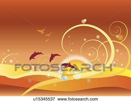 Stock Photo - Illustration and painting of three dolphins and birds with floral pattern. Fotosearch