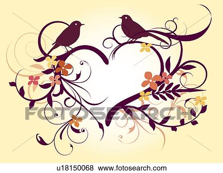 Stock Photo - Illustration and painting of two birds with floral patterns of heart shape. Fotosearch