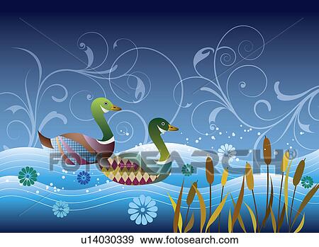 Illustration and painting of two ducks on lake with floral pattern in background View Large Photo Image Stock Photo - Illustration and painting of two ducks on lake with floral pattern in background. Fotosearch