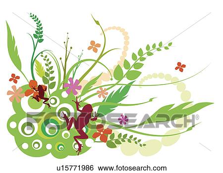 Stock Photograph - Illustration and painting of two frogs with grasses and flowers. Fotosearch