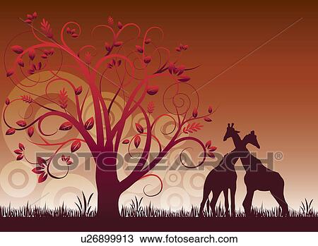 Stock Image - Illustration and painting of two giraffes with a red tree. Fotosearch