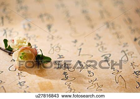 Stock Image - Close-up of flowers on Chinese calligraphy. Fotosearch