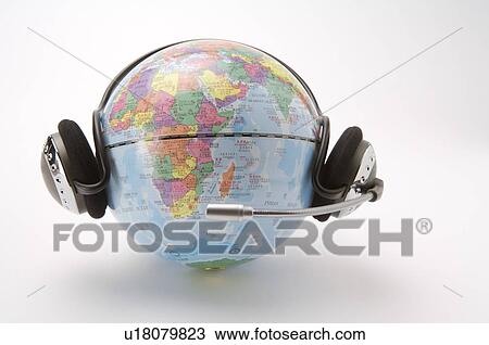 Stock Image - Globe with headphones. Fotosearch