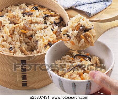 Stock Image - Boiled Rice Mixed With Meat And Vegetables. Fotosearch