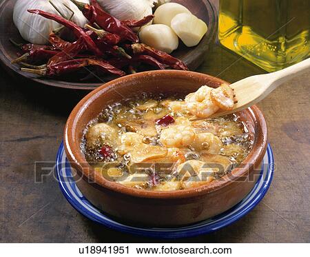 Stock Image - Shrimp Cooked With Olive Oil. Fotosearch
