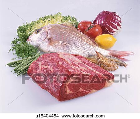 Picture - Cow, Sirloin,, Sea Food, Vegetables. Fotosearch