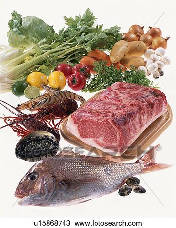 Stock Image - Meat, Sea Food, Vegetables. Fotosearch