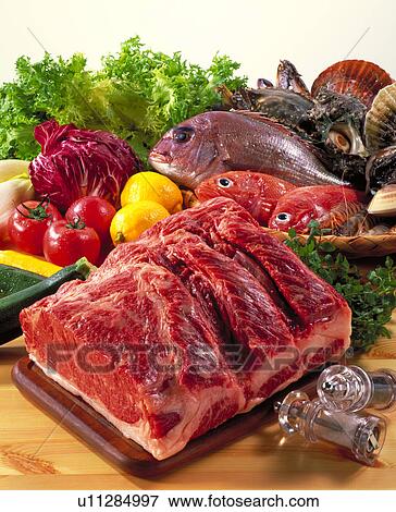 Meat, Sea Food, Vegetables View Large Photo Image Stock Photo - Meat, Sea Food, Vegetables. Fotosearch