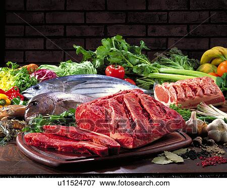 Meat, Sea Food, Vegetables View Large Photo Image Stock Photo - Meat, Sea Food, Vegetables. Fotosearch