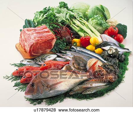 Meat, Sea Food, Vegetables View Large Photo Image Stock Photo - Meat, Sea Food, Vegetables. Fotosearch