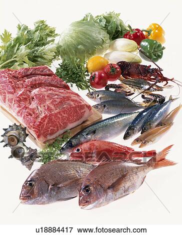 Meat, Sea Food, Vegetables View Large Photo Image Stock Photo - Meat, Sea Food, Vegetables. Fotosearch