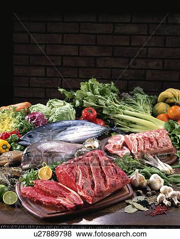 Meat, Sea Food, Vegetables View Large Photo Image Stock Photo - Meat, Sea Food, Vegetables. Fotosearch
