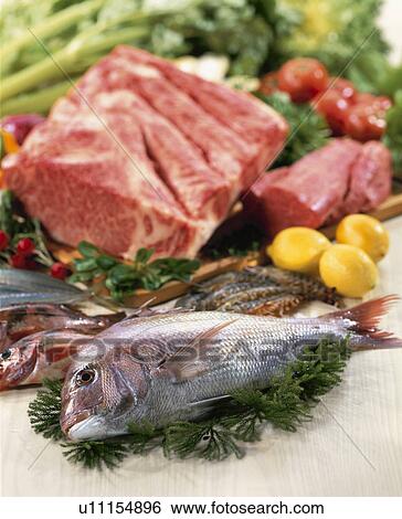 Stock Photograph - Meat, Sea Food, Vegetables. Fotosearch