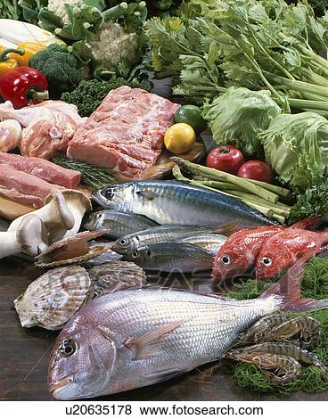 Sea Food, Pork, Vegetable Set View Large Photo Image Stock Photo - Sea Food, Pork, Vegetable Set. Fotosearch