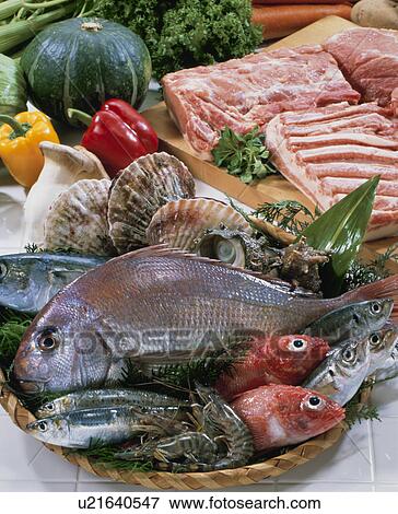 Stock Photo - Sea Food, Pork, Vegetables. Fotosearch