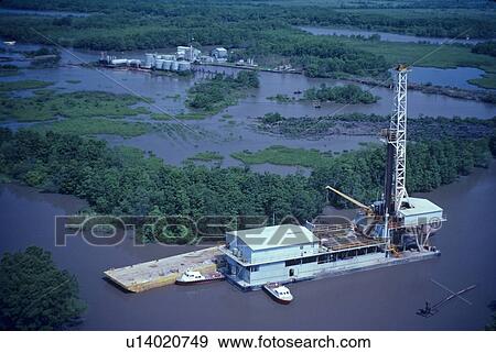 Inland Water Oil Drilling Barge View Large Photo Image Stock Photo - Inland Water Oil Drilling Barge. Fotosearch