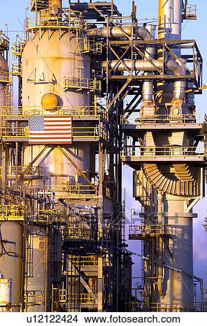 Picture - Oil Refinery Unit Displaying American Flag. Fotosearch