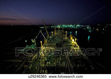 Stock Photography - Oil Tanker in Houston Ship Channel at Night. Fotosearch