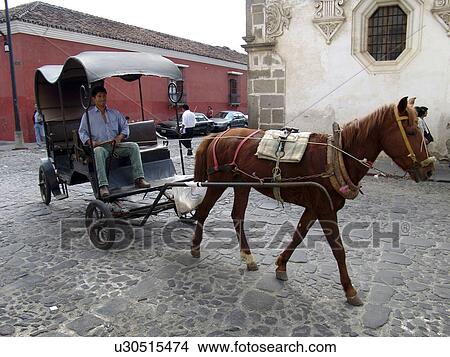 Picture - antigua, horse, cart, guatemala, person, people. Fotosearch