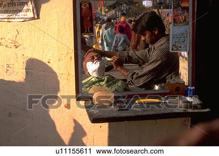 Stock Image - hindu, shop, mirror, reflexion, varanasi, barber. Fotosearch
