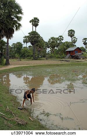 Picture - pond, sport, village, cambodia, person, people. Fotosearch