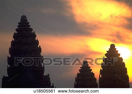 sunset, carved, temple, main, towers, silhouette View Large Photo Image Stock Image - sunset, carved, temple, main, towers, silhouette. Fotosearch