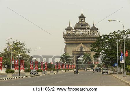 Stock Image - triomphe, person, arc, patuxai, laos, people. Fotosearch