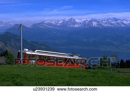Stock Photo - view, swiss, seen, train, cog, red. Fotosearch