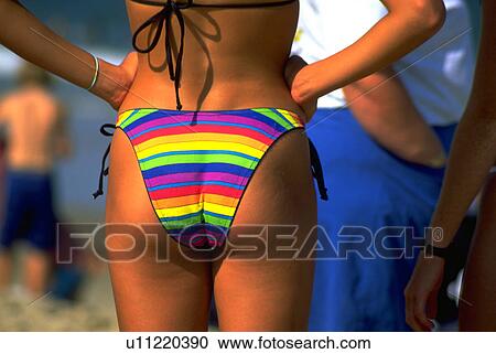 Stock Image - beach, bikini, seen, colored, bright, bottoms. Fotosearch