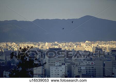 Stock Image - birds, kyoto, distance, city, mountain, view. Fotosearch