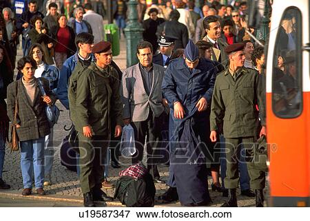 Stock Photo - bus, portuguese, board, waiting, soldiers, people. Fotosearch