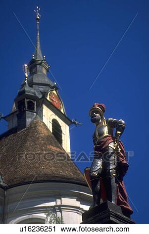 Stock Image - church, square, main, steeple, statue. Fotosearch