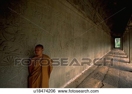 Stock Photograph - columns, monk, frieze, sculpted, corridor, buddhist. Fotosearch