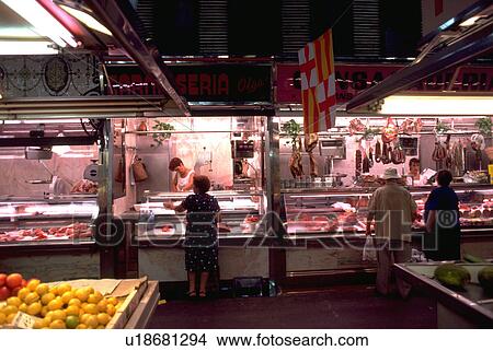 Picture - costumer, section, food, barcelona, market, meat. Fotosearch