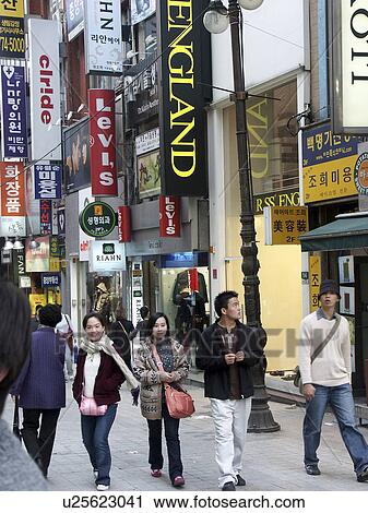 Stock Image - district, shopping, fashionable, korea, person, people. Fotosearch
