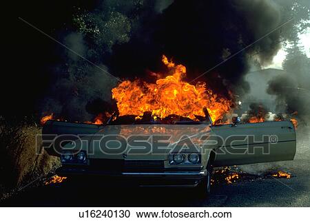 Stock Image - flames, fire, destruction, disaster, smoke, car. Fotosearch