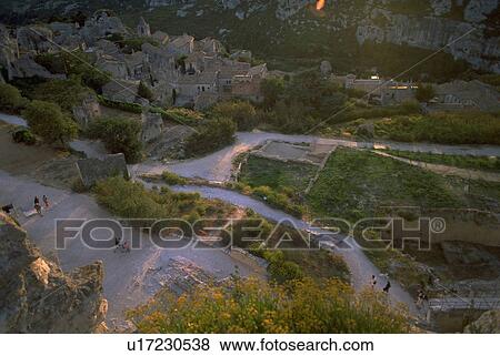 Stock Photo - hikers, stone, buildings, classical, fortress, view. Fotosearch